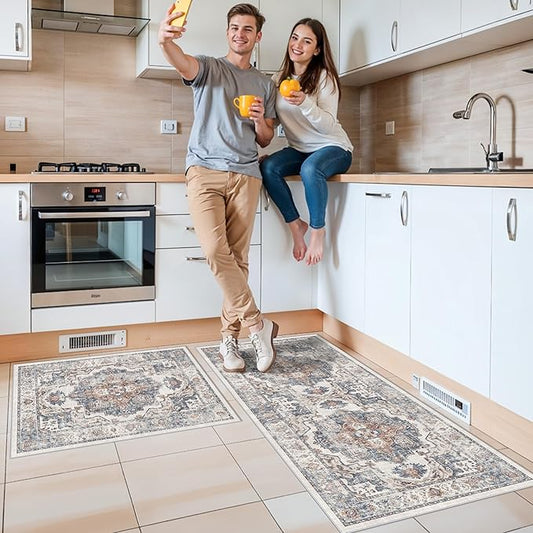 2-Piece Kitchen Runner Rug Set: Washable Non-Slip Floor Mats for Sink & Stove Cooking Area Soft Low Pile Water-Resistant Carpet for Dishwasher Fridge Fronts Durable Kitchen Island Mats(2x3+2x4,Brick)