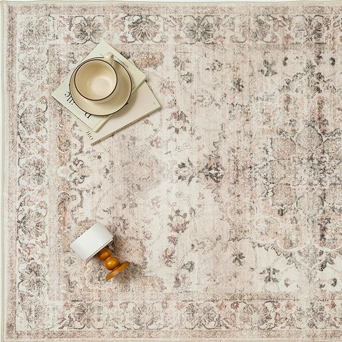 Washable Runner Rug 2x6 for Hallway Beige Vintage Long Carpet Soft Low Pile Non Slip Throw Rug Floral Distressed Accent Rug for Entryway Bathroom Office Laundry Dining Room