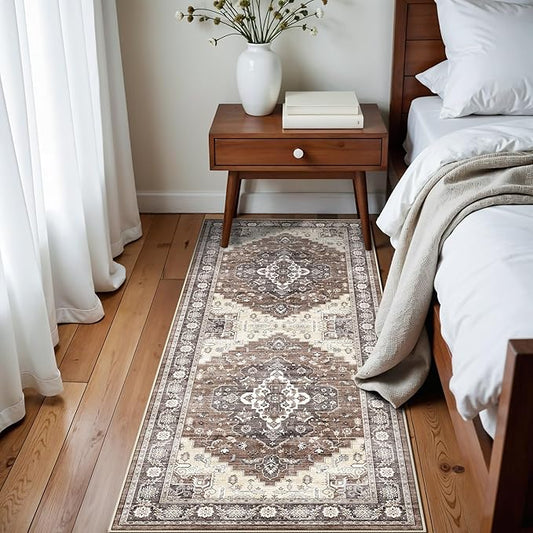 2x6 Washable Entryway Runner Rug: Vintage Indoor Non-Slip Ktichen Floor Mat Soft Stain Resistan Carpet for Bedroom Bathroom - Eco-Friendly Design for Families with Kids(Brown,2x6)