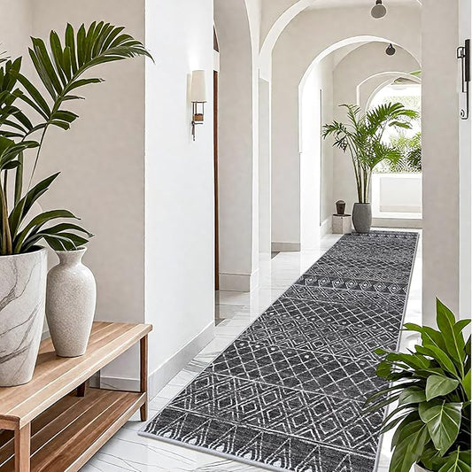 Washable 4x12 Rug for Hallway - Extra Long Runner Rug Moroccan Non Slip Pets Friendly Runner Low Pile Soft Indoor Floor Mat Front Door for Kitchen Bedroom Entryway Laundry 4x12 Black