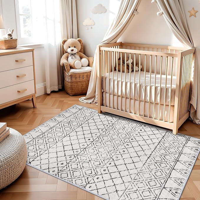 3x5 Washable Moroccan Area Rug: Ultra Soft Low Pile Non-Slip Rugs - Modern Geometric Printed Indoor Floor Carpet for Living Room Bedroom Entryway Kitchen Home Decor 3x5 Geo Grey