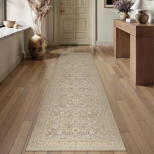 Beige Runner Rug 2x8 Washable Vintage Floral Long Carpet for Hallway Soft Low Pile Non Slip Indoor Accent Rug Retro Distressed Throw Rug for Bathroom Bedroom Laundry Dining Room