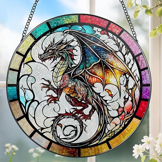 8 Inch Stained Glass Suncatcher Ornament, DOUHASU Dragon Sun Catchers Indoor Window, Stained Glass Window Hanging, Home Decor, Dragon Lovers Gifts for Men, Dad, Husband, Boyfriend