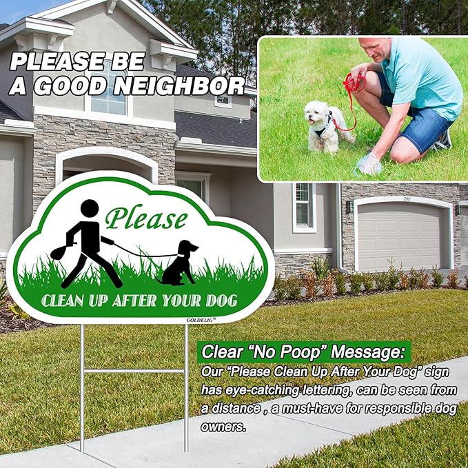 2-Pack Clean Up After Your Dog Signs, 13.8" x 8.3" with Metal Stake, No Dog Poop Lawn Signs with UV Protected & Waterproof, Double Sided Pick Up After Your Dog Sign for Yard