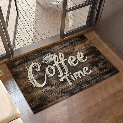 Door Mat, Retro Coffee Time Rugs for Front Door,Non-Slip Rustic Wood Board Low Profile Indoor Outdoor Welcome Mat for Entry Patio, Porch, Hallways,Kitchen 30 x 17 Inch