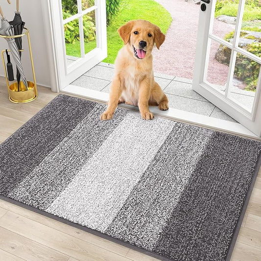 Smiry Dog Door Mat for Muddy Paws, Absorbs Moisture and Dirt, Low-Profile Entryway Mat with Non-Slip Backing, Entry Indoor Outdoor Doormat for Inside Floor (30x20 Inches, Light Grey, Striped)