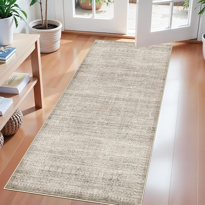 2x5 Abstract Kitchen Runner Rug: Non-Slip Thin Entryway Carpet Soft Hallway Bedroom Beside Floor Mat Neutral Easy-Clean Mat Washable Water Resistant Rug for Bathroom Low-Pile Doormat(Beige/Ivory,2x5)