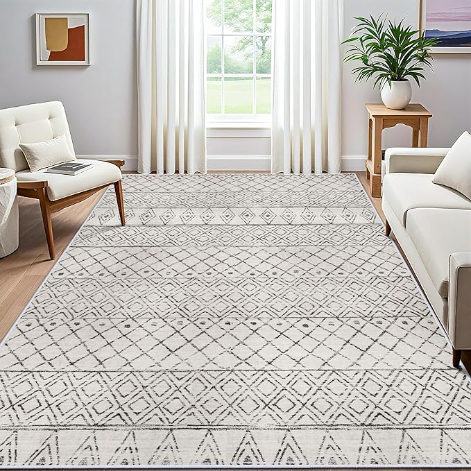 7x9 Area Rug for Living Room - Washable Rugs Moroccan Non-Slip Pet Friendly Stain Resistant Carpets for Bedroom Soft Low Pile Rug 7x9 Geo Grey
