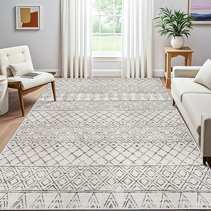 7x9 Area Rug for Living Room - Washable Rugs Moroccan Non-Slip Pet Friendly Stain Resistant Carpets for Bedroom Soft Low Pile Rug 7x9 Geo Grey