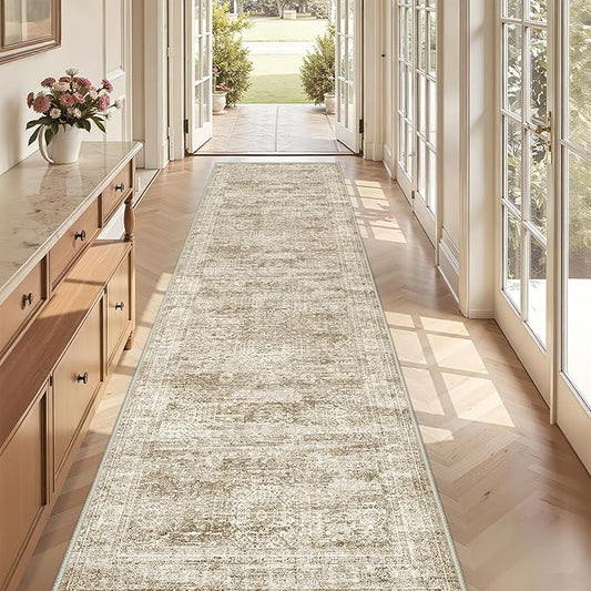 3x10 Runner Rug Non Slip Washable for Entryway, Vintage Hallway Runner for Front Porch, Laundry Room, Bedroom, Abstract Stain Resistant Thin Indoor Kitchen Mats for Floor(3'x10', Brown/Ivory)