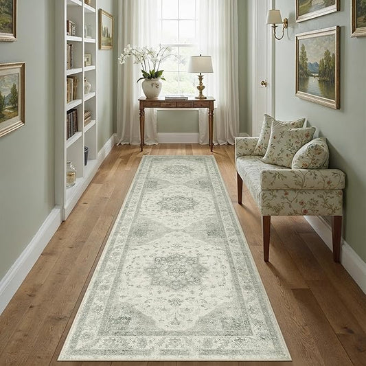 Green Runner Rug 2x8 Washable Vintage Carpet Hallway Kitchen Soft Retro Low Pile Thin Indoor Bedroom Non Slip Oriental Medallion Long Throw Rug for Bathroom Laundry Dining Room