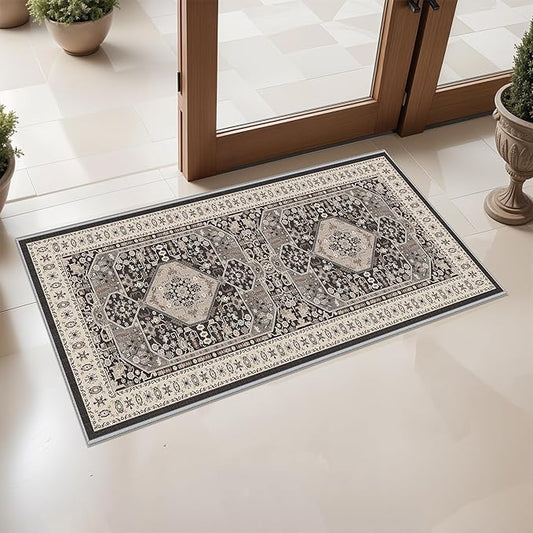 RUUGME Entryway Runner Rug 2x4 : Washable Non Slip Carpet for Kitchen Hallway Bedroom Stain Reistant Light Weight Rugs for Laundry Bathroom Ultra Soft Indoor Vintgae Home Decor Floor Mat 2'x4' Black