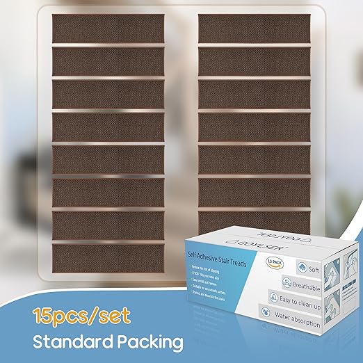GOYLSER Peel and Stick Stair Treads with Rubber Backed Pack of 15, Jute Stair Rug Staircase Step Treads, Reusable Stair Pads Step Mats for Bare Feet, 30"x8", Light Brown