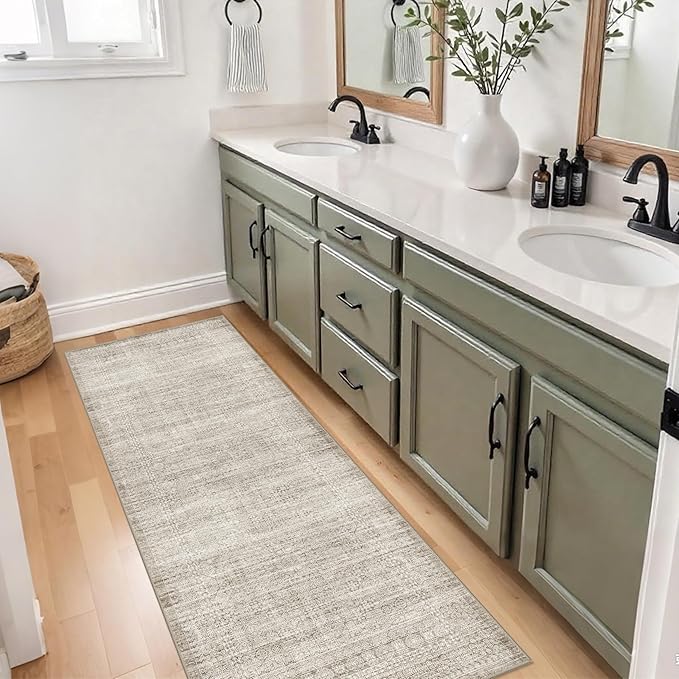 Washable 2x6 Runner Rug for Kitchen: Neutral Easy-Clean Entryway Carpet with Non-Slip Backing Water-Resistant Floor Mat for Bedroom Bathroom – Perfect for High-Traffic Areas with Pets(Beige/Ivory,2x6)