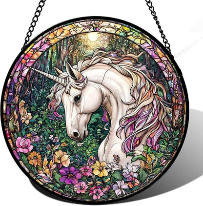 Stained Glass Window Hanging, Unicorn Flowers Suncatcher for Doors Home Sun Catchers Decoration and Christmas, Mother's Day Birthday Gifts for Women, Men, and Mom 14.9x14.9 in