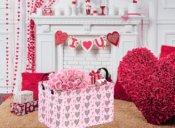 Valentines Basket Rec Heart Print Box Hamper Storage Basket Collapsible Organizer Bin Gift Shelf Baskets for Home and Kitchen Storage