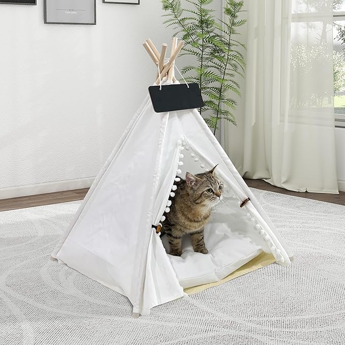 Pet Teepee, Portable Pet Tents for Small Dogs or Cats, Puppy Sweet Bed Washable Dog or Cat Houses with Cushion-White Flower Buds-M