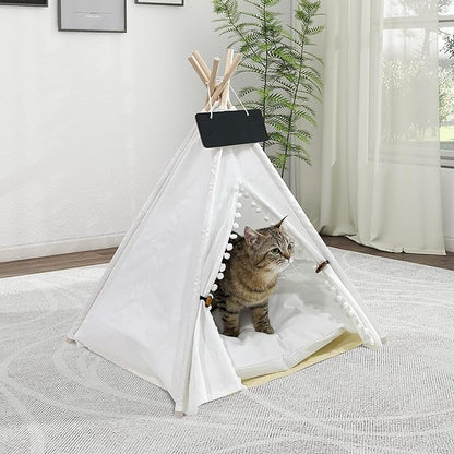 Pet Teepee, Portable Pet Tents for Small Dogs or Cats, Puppy Sweet Bed Washable Dog or Cat Houses with Cushion-White Flower Buds-M