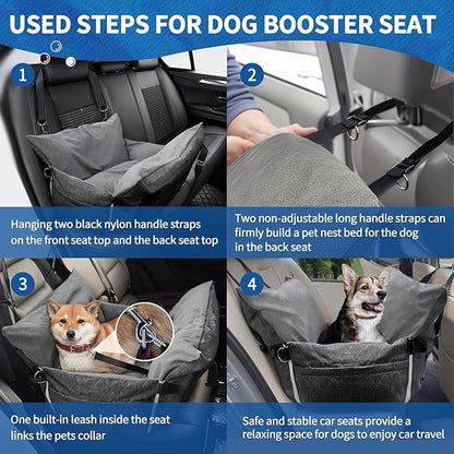 Johnear Dog Car Seat for Medium Dog Under 55 lbs, Winter Warm Pet Booster Seat Pet Travel Car Bed with 2 Pockets Safety Leash，Detachable and Waterproof Dogs Carrier Handbag Plush Seats Cushion Gray