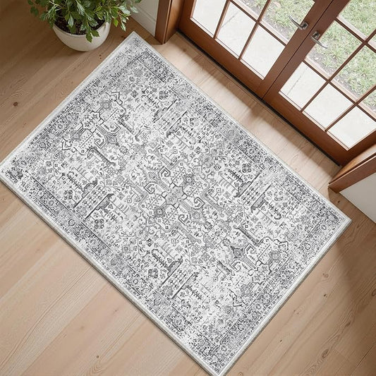 Washable 2x3 Entryway Area Rug - Small Non Slip Vintage Kitchen Runner Rugs Indoor Entrance Soft Neutral Stain Resistant Bathroom Mat Farmhouse Carpet for Bedroom Living Room Entry Laundry 2'x3' Grey