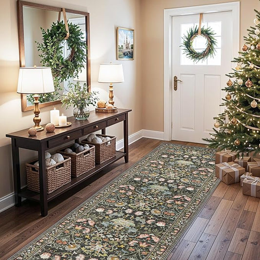 Wide Hallway Washable Runner Rug: 3x10 Water-Resistant Entryway Area Rug Vintage Soft Carpet for Living Room Non Slip Indoor Farmhouse Floor Mat for Bathroom Laundry Room(3x10,Green)