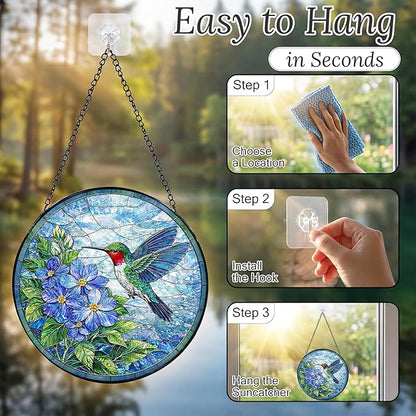 Sanwarm Stained Glass Window Hanging, Hummingbird Blue Flowers Suncatcher Window Decor for Indoor Home Sun Catcher Ornament, Mother’s Day & Birthday Gift for Women, Men, Mom & Nana, 7.8 in