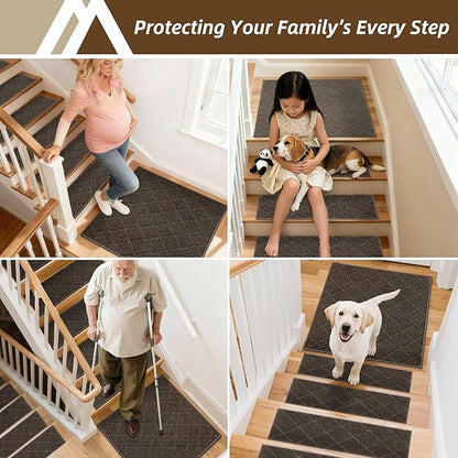 COSY HOMEER Edging Stair Treads Non-Slip Corner Indoor Stair Runners for Wooden Steps,Landing Slip Resistant Stair Rugs Mat for Kids and Dogs,100% Polyester TPE Backing,Brown,30x30 inch