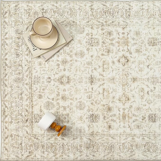 2x6 Runner Rug Machine Washable Hallway Kitchen Vintage Distressed Non Slip Carpet Indoor Small Long Low Pile Thin Beige Bedroom Bathroom Retro Accent Throw Rug Laundry Living Room
