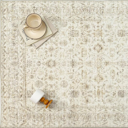 2x6 Runner Rug Machine Washable Hallway Kitchen Vintage Distressed Non Slip Carpet Indoor Small Long Low Pile Thin Beige Bedroom Bathroom Retro Accent Throw Rug Laundry Living Room