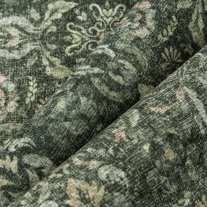Dark Green 2x6 Runner Rug Washable Hallway Kitchen Vintage Carpet Indoor Non Slip Small Low Plie Thin Bedroom Bathroom Rug Retro Accent Throw Dining Living Room