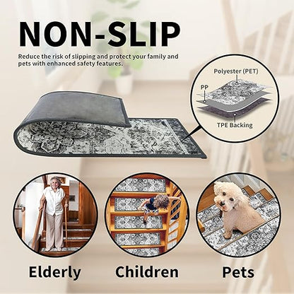 Non-Slip Carpet Stair Treads 15PCS, 8"x30" Peel and Stick Stair Runner for Wooden Steps Indoor, Washable Reusable Adhesive Backing, Pet-Friendly Safety Mats for Kids, Elders, Dogs