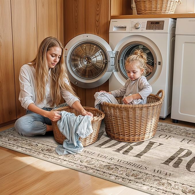 Non Slip Laundry Room Rug - 20x60 Farmhouse Washable Carpet Ultra Soft Duable Floor Mat for Mudroom Washroom Bathroom 20"x60" Natural Wood Brown