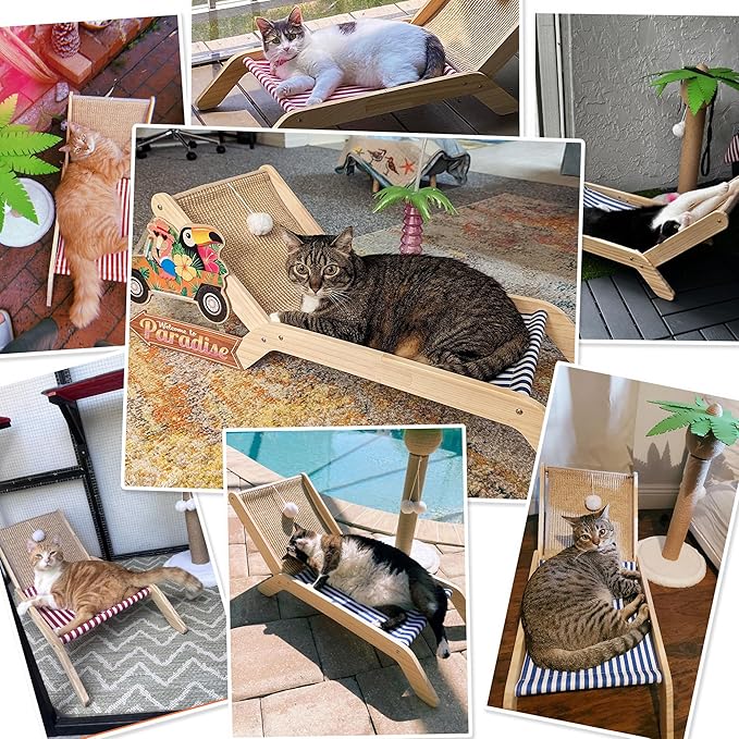 PETKARAY Beach Chair Cat Hammock, Elevated Cat Beds for Indoor Cats, Original Cozy Lounger with Sisal Scratcher and Toy Ball