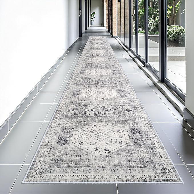 Washable 3x25 Hallway Runner Rug - Extra Long Vintage Non Slip Stain Resistant Rugs for Entryway Hall Kitchen Indoor Soft Living Room Bedroom Carpet Durable Low Pile Home Decor Floor Mat 3'x25' Grey