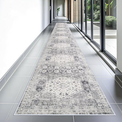 Washable 3x25 Hallway Runner Rug - Extra Long Vintage Non Slip Stain Resistant Rugs for Entryway Hall Kitchen Indoor Soft Living Room Bedroom Carpet Durable Low Pile Home Decor Floor Mat 3'x25' Grey