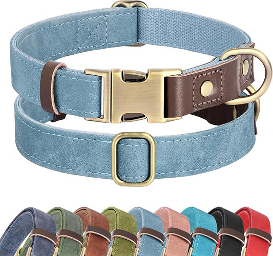 Didog Soft PU Leather Dog Collar for Large Dogs,Classic Adjustable Dog Collars with Quick Release Metal Buckle,Easy Clean and Comfortable with Nylon Lining,Denim Blue,L Neck 16-23"