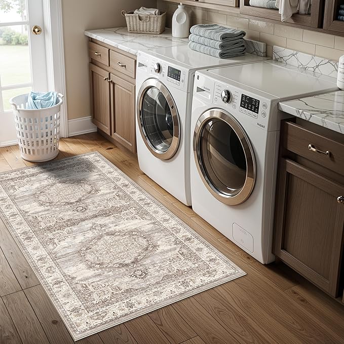 Washable 2x4 Entryway Area Rugs: Ultra Soft Low Pile Nursery Kitchen Carpet Indoor Light-Weight Doormat Anti-Slip Thin Entry Rug for Living Room Bedroom Small Vintage Floor Mat(2x4,Beige)
