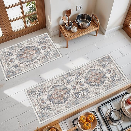 2-Piece Kitchen Runner Rug Set: Washable Non-Slip Floor Mats for Sink & Stove Cooking Area Soft Low Pile Water-Resistant Carpet for Dishwasher Fridge Fronts Durable Kitchen Island Mats(2x3+2x4,Brick)