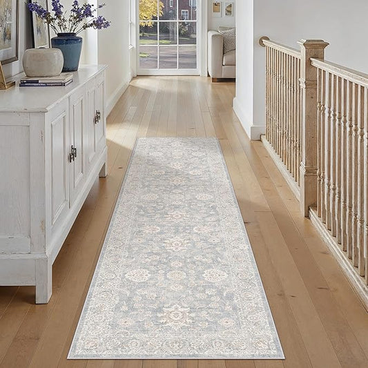 2'6x10 Blue Cream Washable Runner Rug for Kitchen Hallway Neutral Floral Soft Non Slip Rug Low Pile Distressed Carpet for Bathroom Bedroom Indoor Nursery