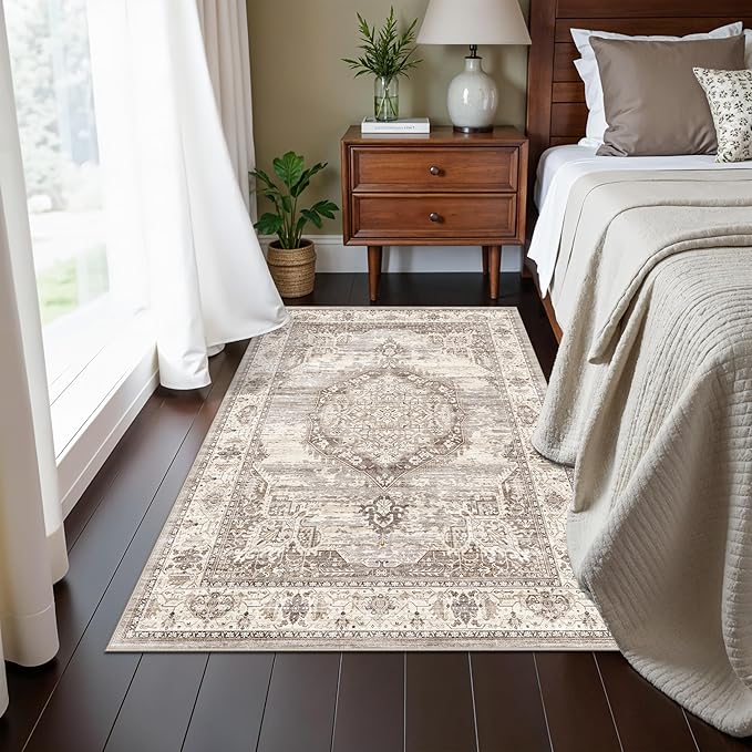 Washable Ktichen Area Rug 3x4: Indoor Runners for Bedroom Bathroom Non-Slip Soft Stain Resistan Carpet for Entryway Laundry Dining Room Vintage Home Decor for Small Living Room Nursery Room(Beige,3x4)