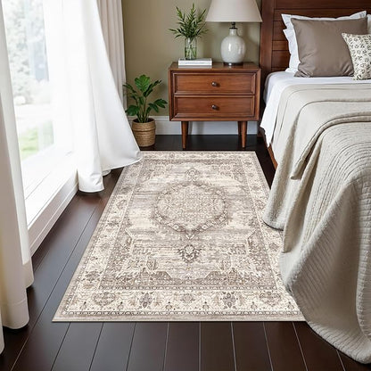 Washable Ktichen Area Rug 3x4: Indoor Runners for Bedroom Bathroom Non-Slip Soft Stain Resistan Carpet for Entryway Laundry Dining Room Vintage Home Decor for Small Living Room Nursery Room(Beige,3x4)
