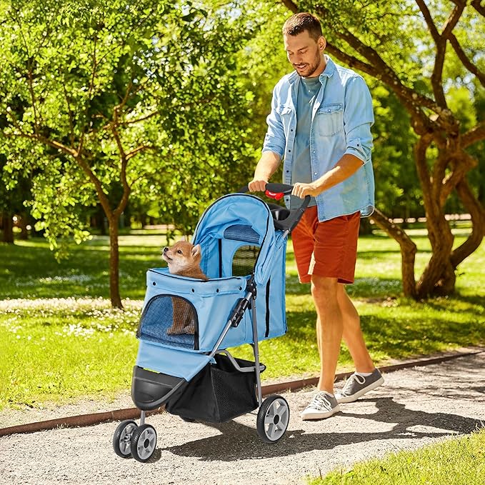 LEMY Pet Stroller,3 Wheels Dog Cat Stroller for Small Medium Dog Cats Carrier Jogger Travel Foldable Puppy with Storage Basket and Cup Holder(Blue)