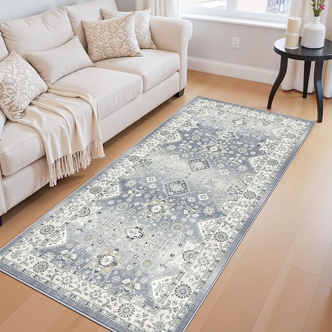 3x6 Hallway Washable Runner Rug : Vintage Non-Slip Soft Kitchen Laundry Runner Farmhouse Entryway Living Room Floor Mat Stain Resistant Carpet for Bedroom Bathroom Distressed Beside Rug(3x6,Grey)
