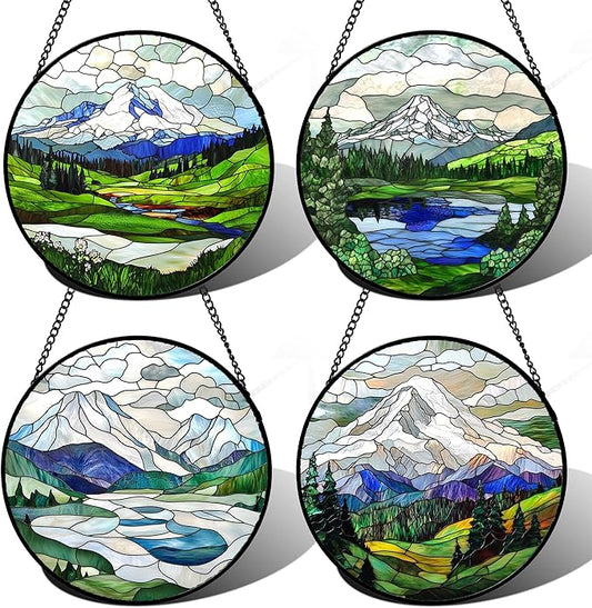 Stained Glass Window Hanging 4 Pcs Set Mountains Lake Green White Landscape 6.3" - Suncatcher Door Garden Sun Catcher Decor Birthday Christmas for Mom Woman Nana Men