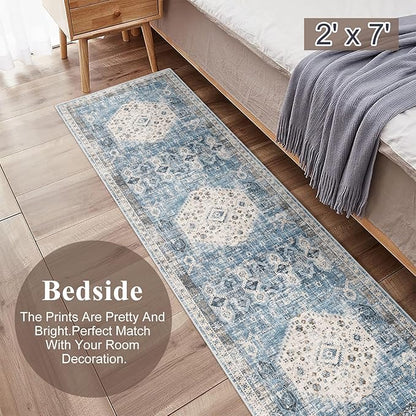 RUUGME Washable Runner Rug 2x7 - Vintage Kitchen Area Rug Stain Resistant Rugs for Living Room Bedroom Laundry Room Mat Distressed Rug Hallway Floor Carpet Runner for Bathroom 2'x7' Aqua Blue