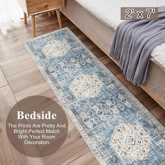 RUUGME Washable Runner Rug 2x7 - Vintage Kitchen Area Rug Stain Resistant Rugs for Living Room Bedroom Laundry Room Mat Distressed Rug Hallway Floor Carpet Runner for Bathroom 2'x7' Aqua Blue