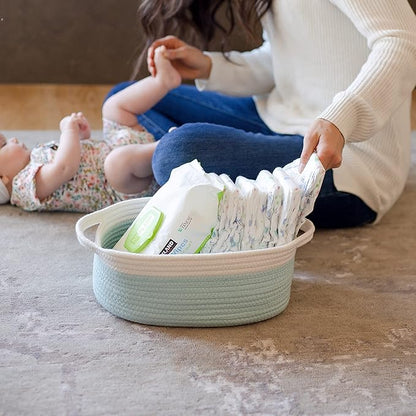 NaturalCozy 3-Piece Oval Storage Basket Set– Soft Natural Rope Woven Baskets for Storage Shelf, Toy, Nursery, Gift, Baby Shower, Pets Cat Dog Bins | Small Basket for Organizing (Off White Turquoise)