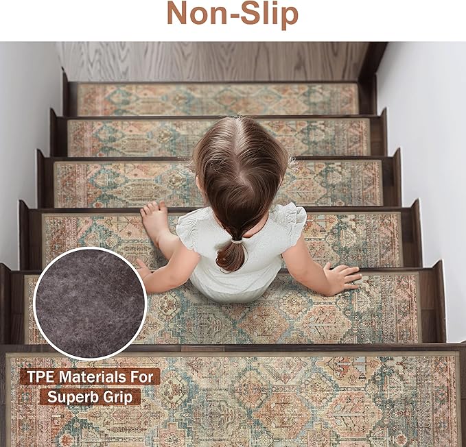 Carpet Stair Treads Non Slip 15PCS, 8" X 30" Edging Stair Runner for Wooden Steps Indoor, Resistant Stair Rugs with Reusable TPE Adhesive Backing, Residue Mat for Elders, Pets, Cedarwood/Sage