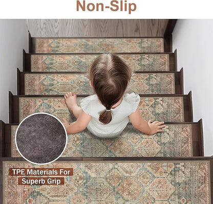 Carpet Stair Treads Non Slip 15PCS, 8" X 30" Edging Stair Runner for Wooden Steps Indoor, Resistant Stair Rugs with Reusable TPE Adhesive Backing, Residue Mat for Elders, Pets, Cedarwood/Sage