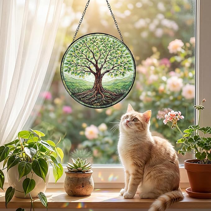 Sanwarm Stained Glass Window Hanging, Tree-of-Life Green Suncatcher Window Decor for Indoor Home Sun Catcher Ornament, Mother’s Day & Birthday Gift for Women, Men, Mom & Nana, 7.8 in